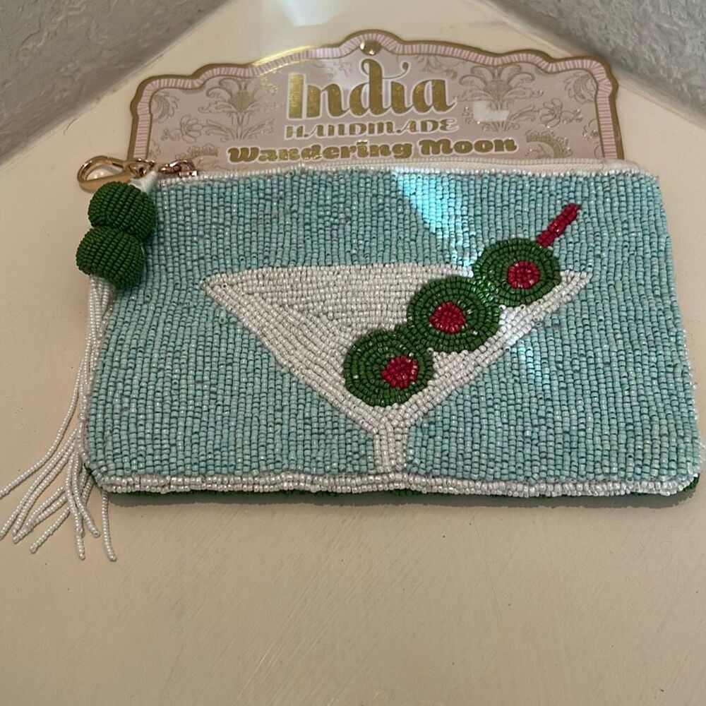 Beaded Zip Top Pouch Dirty Olive Martini Olive Blue Travel Handmade Vacation NWT